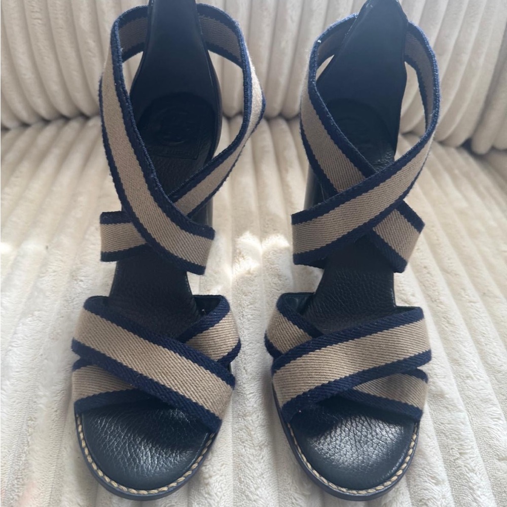 Tory Burch Navy and Beige Crisscross Wedge Sandals